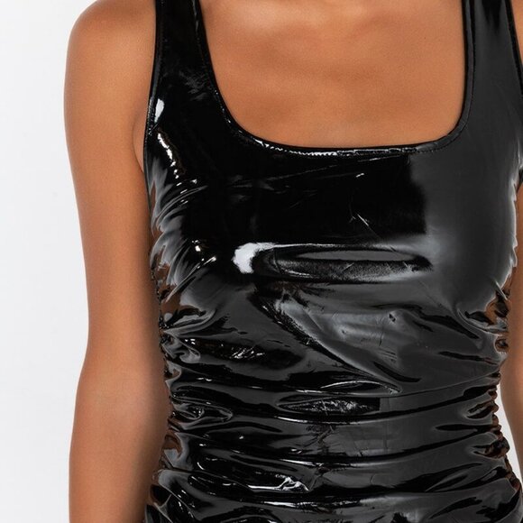 Callie Lives Akira Xena Back at Black: Ruched Vinyl Patent Leather Midi Dress S - Picture 5 of 12